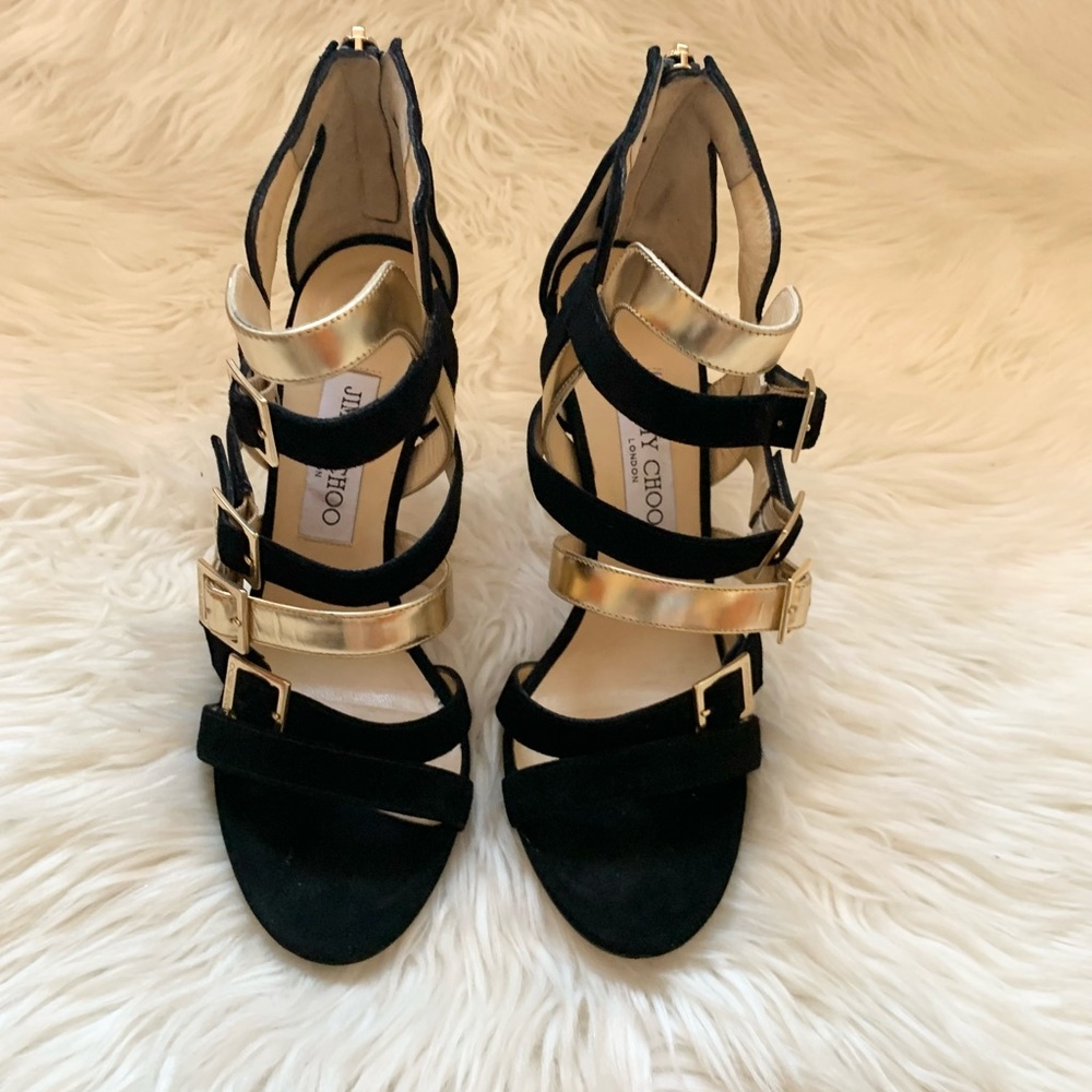 JIMMY CHOO Logo Bronx Strappy Suede Leather Heels - Picture 10 of 15